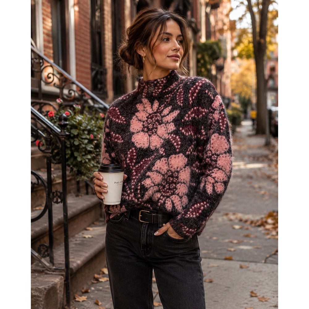 Chic Whimsygoth Floral Fuzzy Mock Neck Eyelash Sweater Dark Academia Boho Sz M